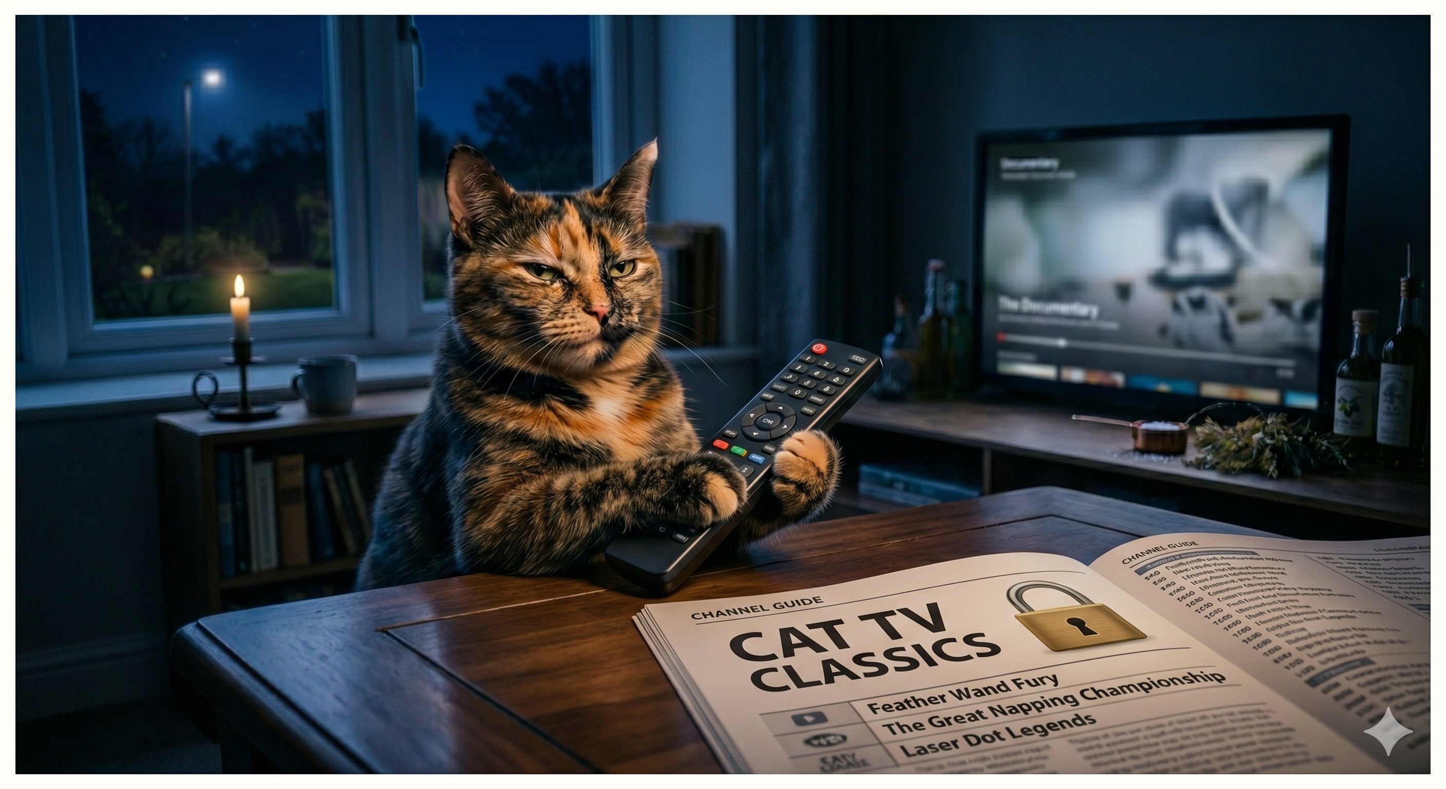 Confident tortoiseshell cat clutching a TV remote, channel guide open to CAT TV CLASSICS on the table below