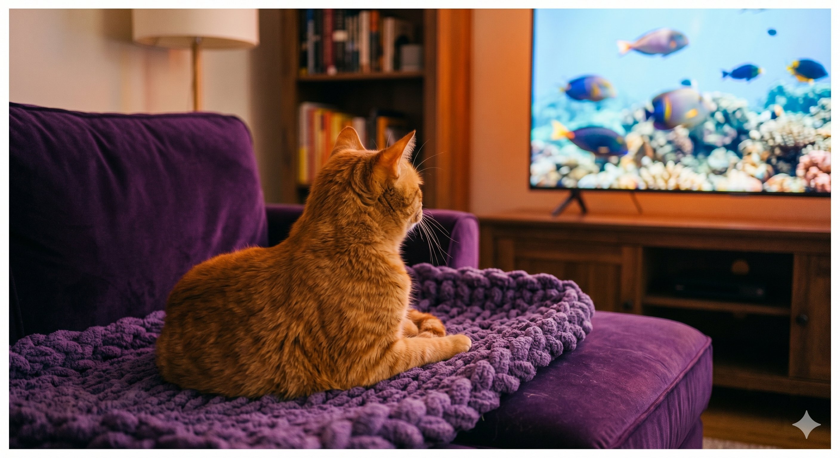 Orange tabby cat on a purple velvet couch watching a colourful aquarium on a big TV