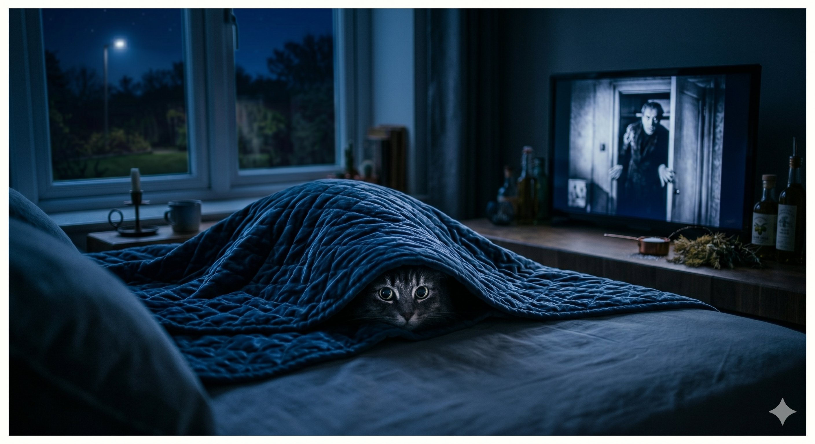 Small cat peeking out from under a large blue blanket on a bed, a black-and-white horror film on TV behind it