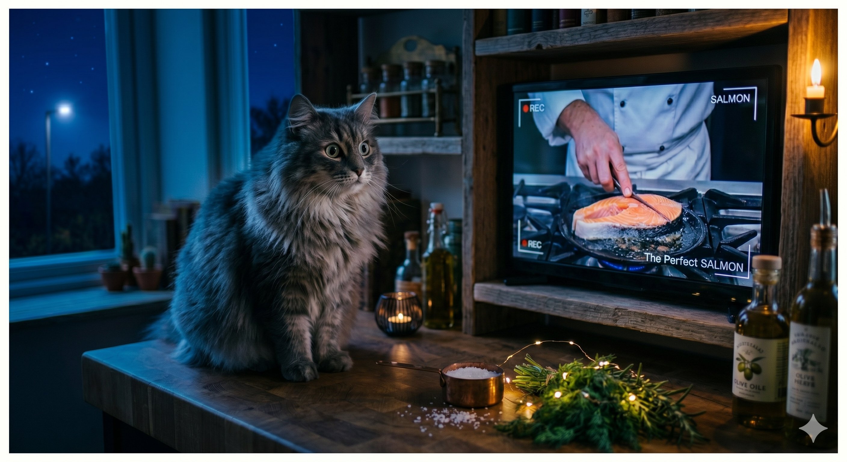 Fluffy grey cat on a kitchen counter watching a chef cook a salmon fillet on TV